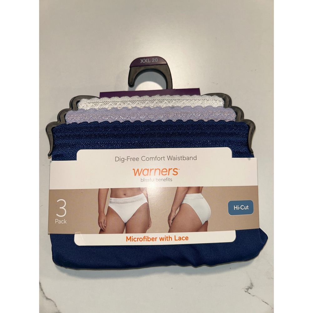Warners Blissful Benefits Womens 3 Pack Hi-Cut Panties XXL Microfiber Lace Blue